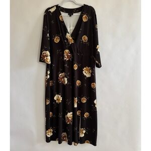 J. Jill Wearever Collection Floral Midi Dress 2X Black Cream Brown V Neck 3/4 Sl